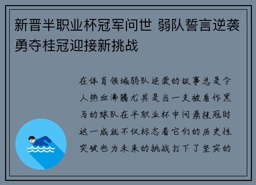 新晋半职业杯冠军问世 弱队誓言逆袭勇夺桂冠迎接新挑战