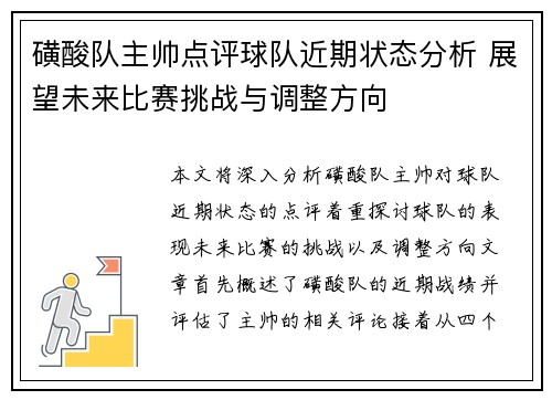 磺酸队主帅点评球队近期状态分析 展望未来比赛挑战与调整方向